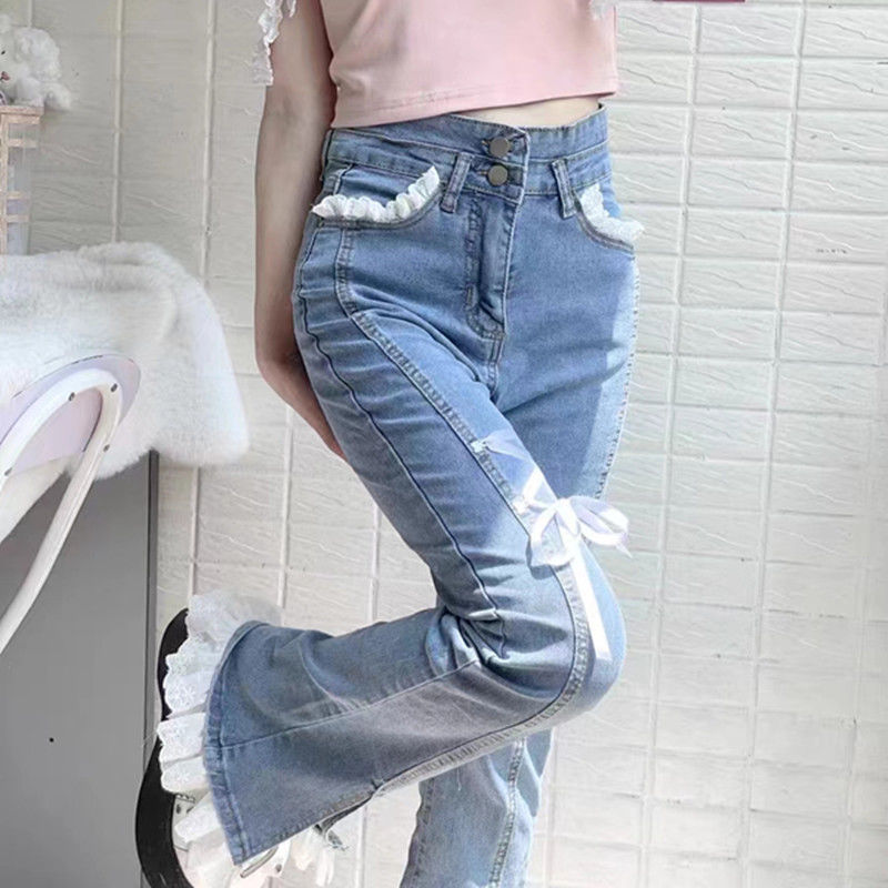 Woman Micro-flare Jeans Pants Female Summer High Waist Straight Wide Leg Pants Jeans Ladies  Micro Elastic Trousers 